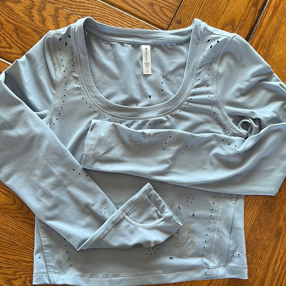 Athleta blue Shanti eyelet long sleeve top. Size small. Great for yoga!